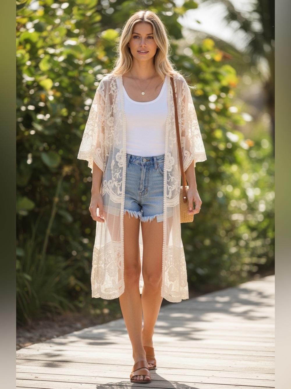 Adiva Ivory Embroidered Lace Kimono Cardigan Sheer Floral Boho Duster Cover Up S - Picture 1 of 6